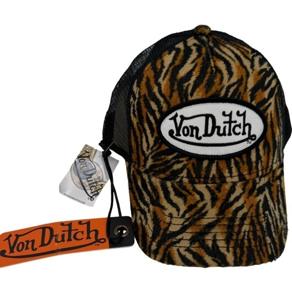 VON DUTCH NEW One Size‎ Trucker Hat Brown Tiger Print Faux Fur Y2K VDHH0028